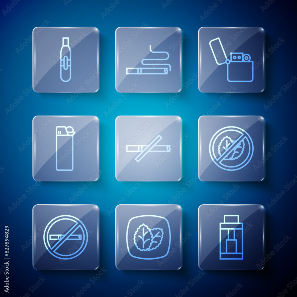 Set line No smoking, Tobacco leaf, Vape mod device, Lighter, Electronic cigarette and tobacco icon. Vector Set line No smoking, Tobacco leaf, Vape mod device, Lighter, Electronic cigarette and tobacco icon. Vector