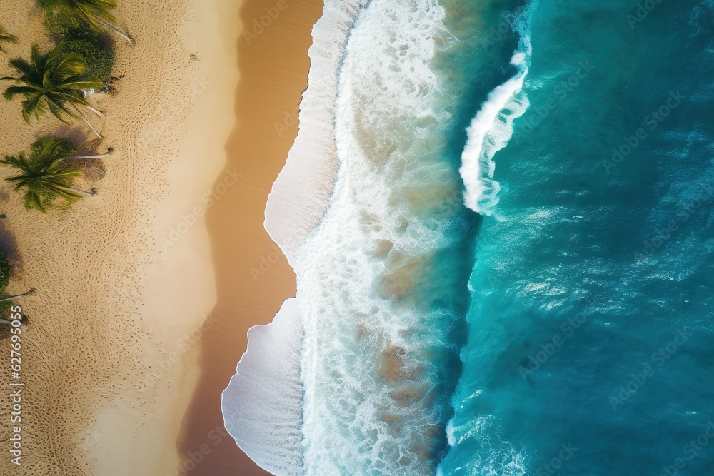 Top down aerial view of a beach with waves crashing into the sand during daylight hours. generative ai
