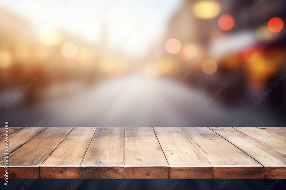 Empty wooden table top view on background bokeh blur light effect. Mock up for a trade show. display or montage of products. generative ai