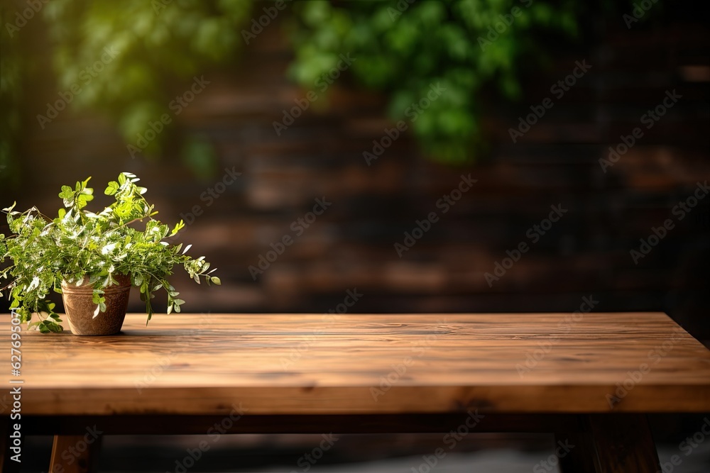 Wooden table. background blur. Stage background for product display. empty wood table. generative ai