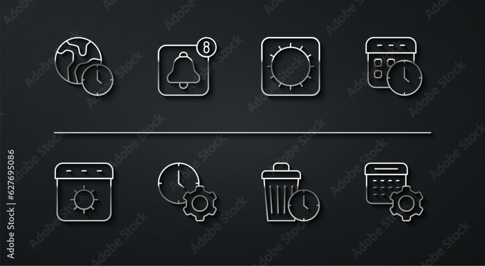 Set line World time, Calendar summer, and clock, Waste of, Time management, Alarm app mobile, settings and Sun icon. Vector Set line World time, Calendar summer, and clock, Waste of, Time management, Alarm app mobile, settings and Sun icon. Vector