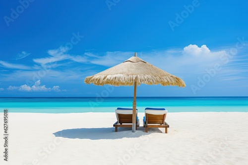 Two lounge chairs with parasols on the beach. generative ai