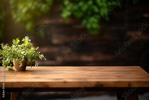 Wooden table. background blur. Stage background for product display. empty wood table. generative ai © Sodapeaw