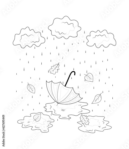 Autumn illustration with umbrella clouds and puddles, coloring.