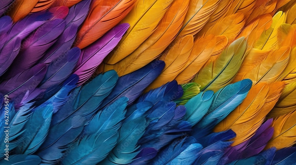 Fototapeta premium Generative AI, Beautiful rainbow colorful closeup feathers, photorealistic background, top view, aerial view.