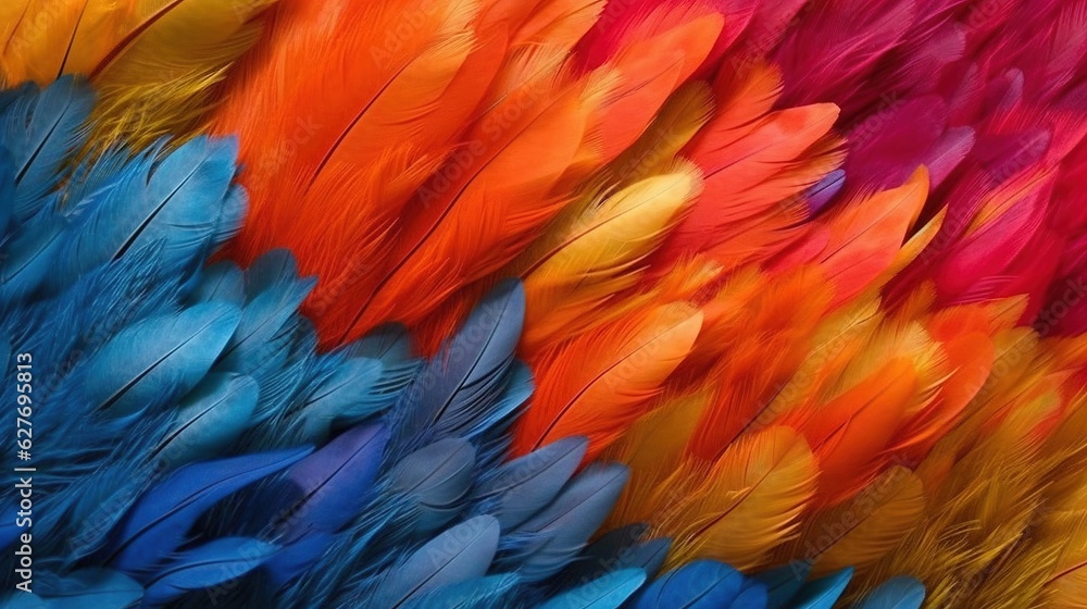 Obraz premium Generative AI, Beautiful rainbow colorful closeup feathers, photorealistic background, top view, aerial view.