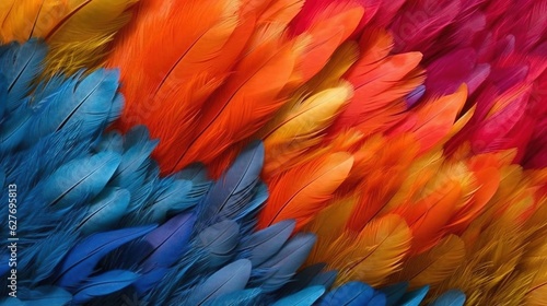 Generative AI, Beautiful rainbow colorful closeup feathers, photorealistic background, top view, aerial view. © DELstudio