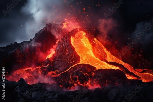 Active vulcano outbreak lava in big shaped mountains, fog all around, close up on lava.