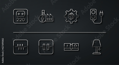 Set line Electrical outlet, Resistor in electronic circuit, extension, light switch, Electrolytic capacitor, Nuclear power plant, Table lamp and Gear and lightning icon. Vector