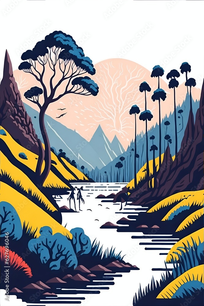 Australian landscape. Cartoon fairy tale style. AI generated illustration