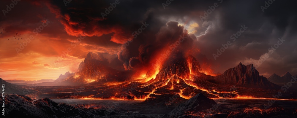 Active vulcano outbreak lava in big shaped mountains, fog all around, close upon lava, panorama. Active vulcano outbreak lava in big shaped mountains, fog all around, close upon lava, panorama.