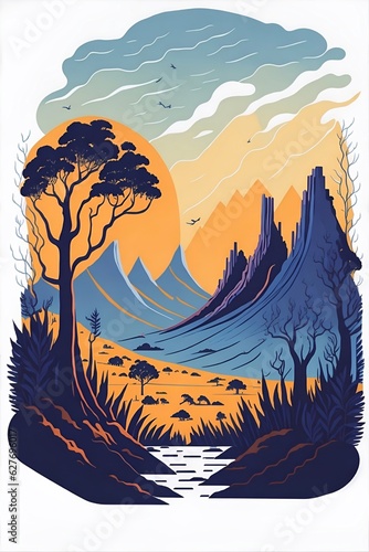 Australian landscape. Cartoon fairy tale style. AI generated illustration