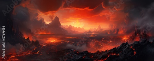 Active vulcano outbreak lava in big shaped mountains, fog all around, close upon  lava, panorama. © annamaria