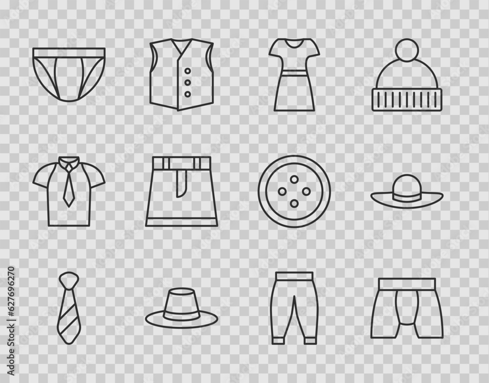 Set line Tie, Men underpants, Woman dress, Man hat, Skirt, Pants and Elegant women icon. Vector Set line Tie, Men underpants, Woman dress, Man hat, Skirt, Pants and Elegant women icon. Vector