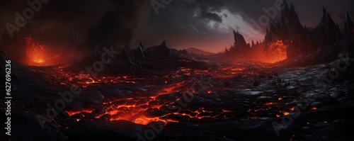 Active vulcano outbreak lava in big shaped mountains, fog all around, close upon lava, panorama.