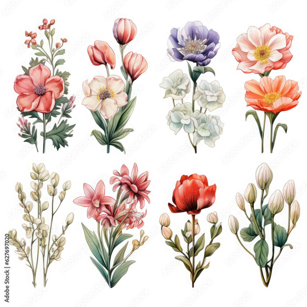 Botanical Set of Flowers and herbs. Bundle of abstract wildflowers. Spring sticker for diary or printing on fabric. Botanical Set of Flowers and herbs. Bundle of abstract wildflowers. Spring sticker for diary or printing on fabric.