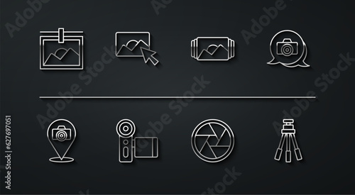 Set line Photo frame, camera, Camera shutter, Cinema, retouching, Tripod and icon. Vector