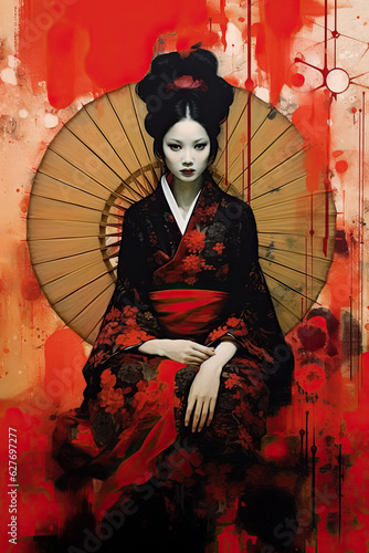 Beautiful geisha  Japanese woman in traditional costume and makeup. Black and red kimono and headdress with parasol and urban distressed background.