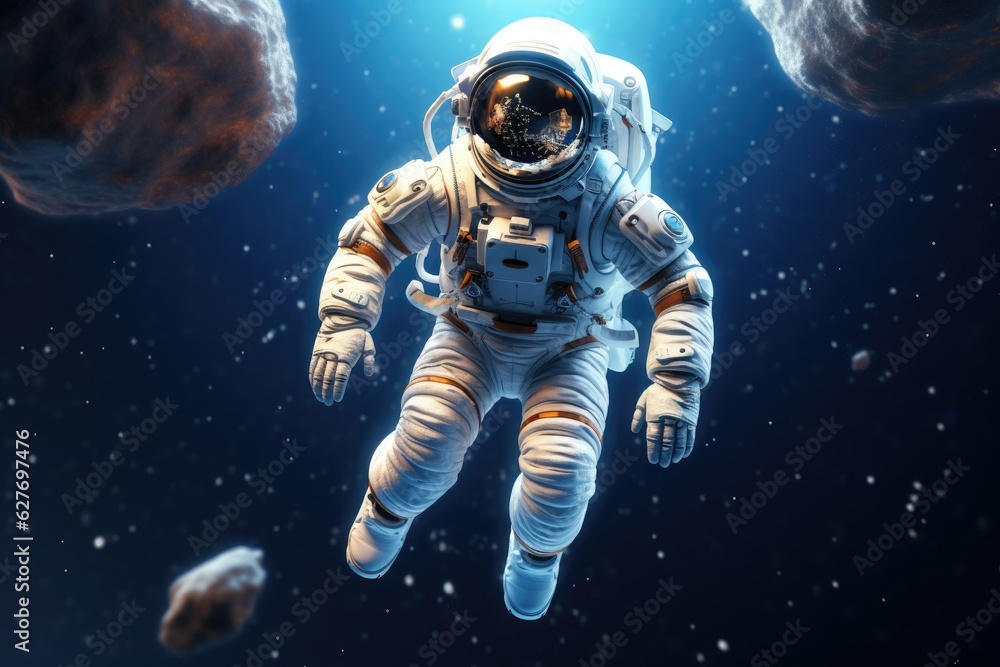 Astronaut in outer space. Science fiction. 3D rendering, 3d render spaceman astronaut flying with rocket 3d illustration design, AI Generated