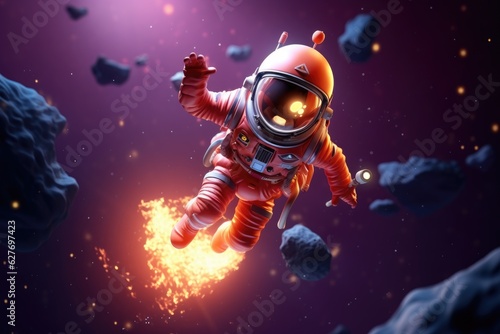 Astronaut flying in outer space. Mixed media. Mixed media, 3d render spaceman astronaut flying with rocket 3d illustration design, AI Generated