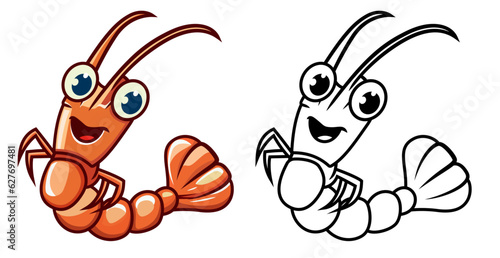 Cartoon Prawn vector illustration, shellfish , Shrimp mascot character stock vector image , colored and black and white line art