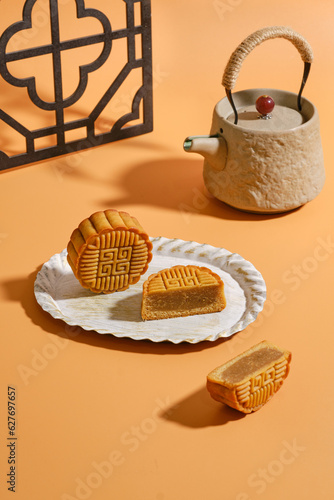 Moon Cake Mid Autumn Festival with orange background ,chinese style photograph