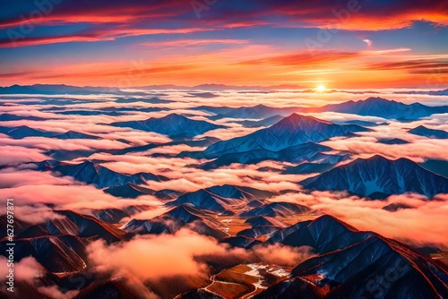  majestic Blue Ridge Mountains from the vantage point of a private aircraft's cockpit. The sky is painted with hues of orange, pink, and gold, as the sun gracefully dips generative ai technology 