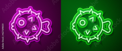 Glowing neon line Fish hedgehog icon isolated on purple and green background. Vector