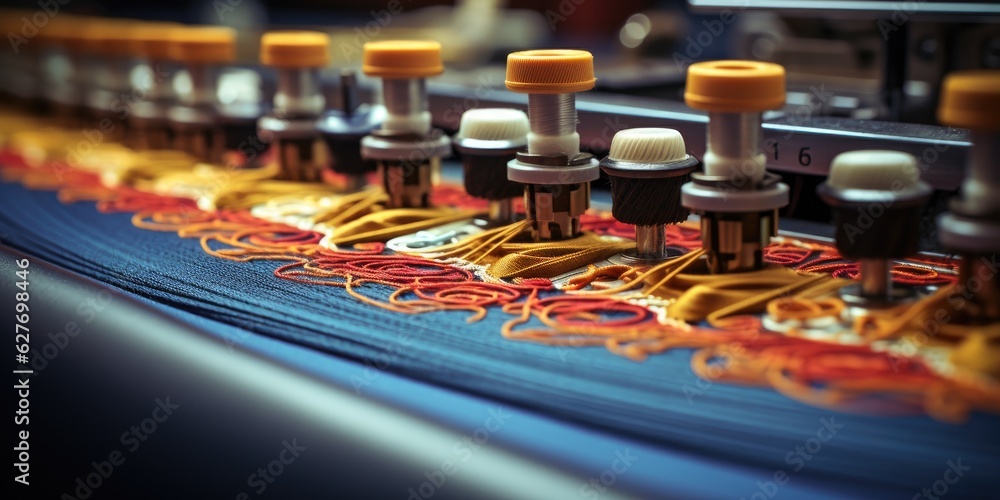 Fototapeta premium Machine embroidery close-up. Floral pattern. Generative AI