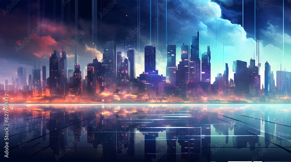 A futuristic night city in the distance glowing with neon light. Surrealistic skyscrapers. Cyberpunk, immersive world of the metaverse. 3D rendering.