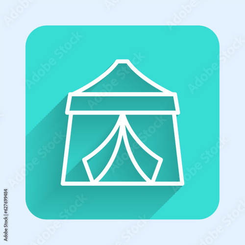 White line Circus tent icon isolated with long shadow background. Carnival camping tent. Amusement park. Green square button. Vector