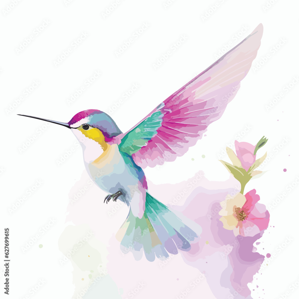 A hummingbird painted in soft watercolor hues, surrounded by a bright white backdrop.