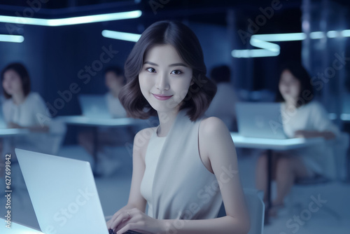 Asian office working girl with a radiant smile sits in front of her laptop computer, immersed in work, against a soothing blue turquoise background. generative AI.
