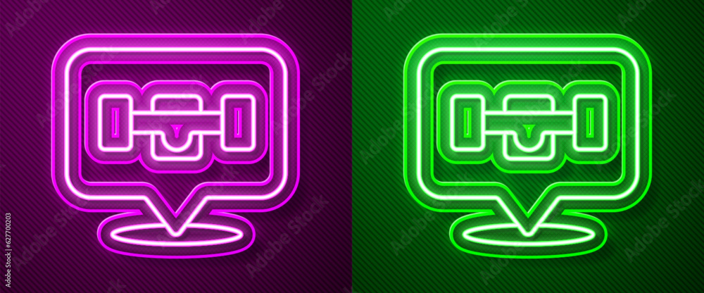 Glowing neon line Skateboard wheel icon isolated on purple and green background. Skateboard suspension. Skate wheel. Vector Glowing neon line Skateboard wheel icon isolated on purple and green background. Skateboard suspension. Skate wheel. Vector