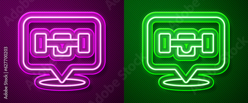 Glowing neon line Skateboard wheel icon isolated on purple and green background. Skateboard suspension. Skate wheel. Vector