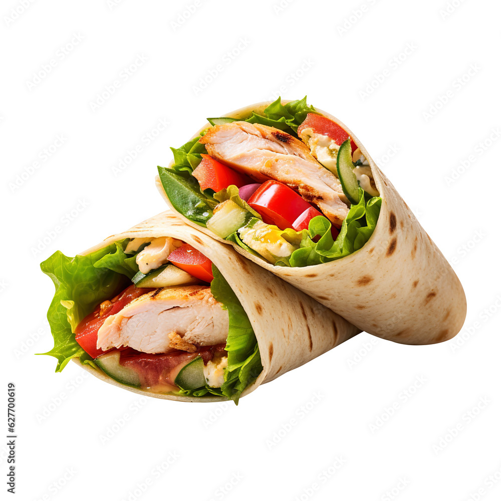 Delicious Chicken wrap with tomato cucumber and lettuce on transparent background Remove png created with Generative AI, Clipping Path - obrazy, fototapety, plakaty 