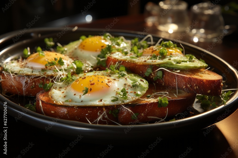 Perfectly cooked eggs served with crispy bacon, fresh avocado, and toasted bread, ideal for brunch-themed promotions. Generative Ai
