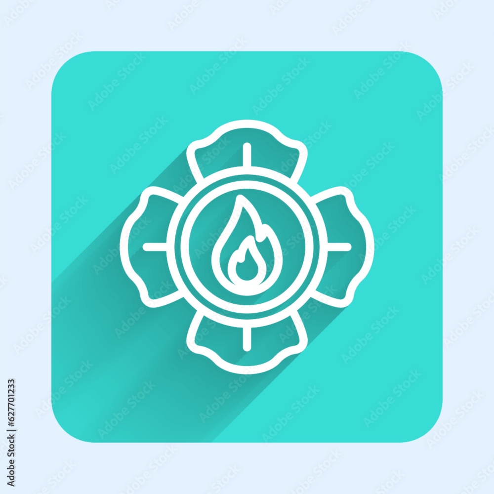 White line Firefighter icon isolated with long shadow background. Green square button. Vector White line Firefighter icon isolated with long shadow background. Green square button. Vector