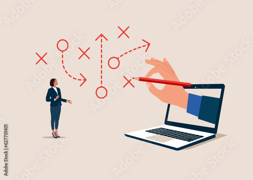 Computer with pencil  to solves tasks. Prioritize work for project management. Modern vector illustration in flat style