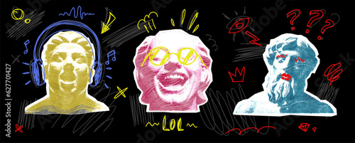Retro magazine style halftone collage elements with doodles. Emotional gypsum heads on black background. Vector illustration.
