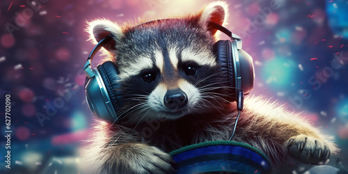 Hilarious Raccoon DJ Rocking the Party with Headphones - AI generated © artefacti