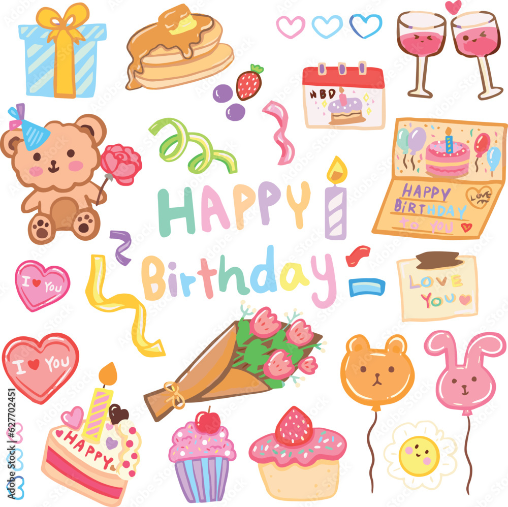Fototapeta premium Birthday Happy Bday vector element set cute HBD cake and gift