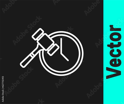 White line Auction hammer icon isolated on black background. Gavel - hammer of judge or auctioneer. Bidding process, deal done. Auction bidding. Vector
