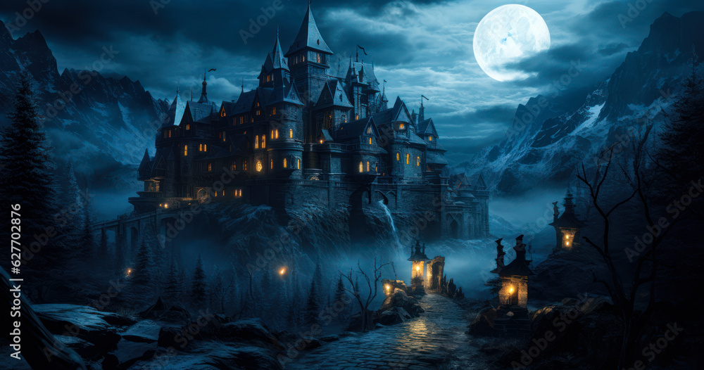 Haunted Fortress: Illustration of a Mysterious Castle at Night Haunted Fortress: Illustration of a Mysterious Castle at Night