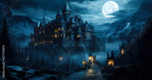 Haunted Fortress: Illustration of a Mysterious Castle at Night