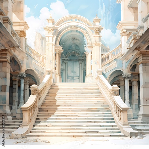 a painting of the steps to an old building © Cubydesign