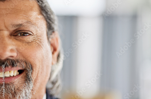 Closeup, senior man and happy portrait in office for professional mockup of businessman with mindset for success. Face, smile and person with happiness, focus and thinking of goals for the future