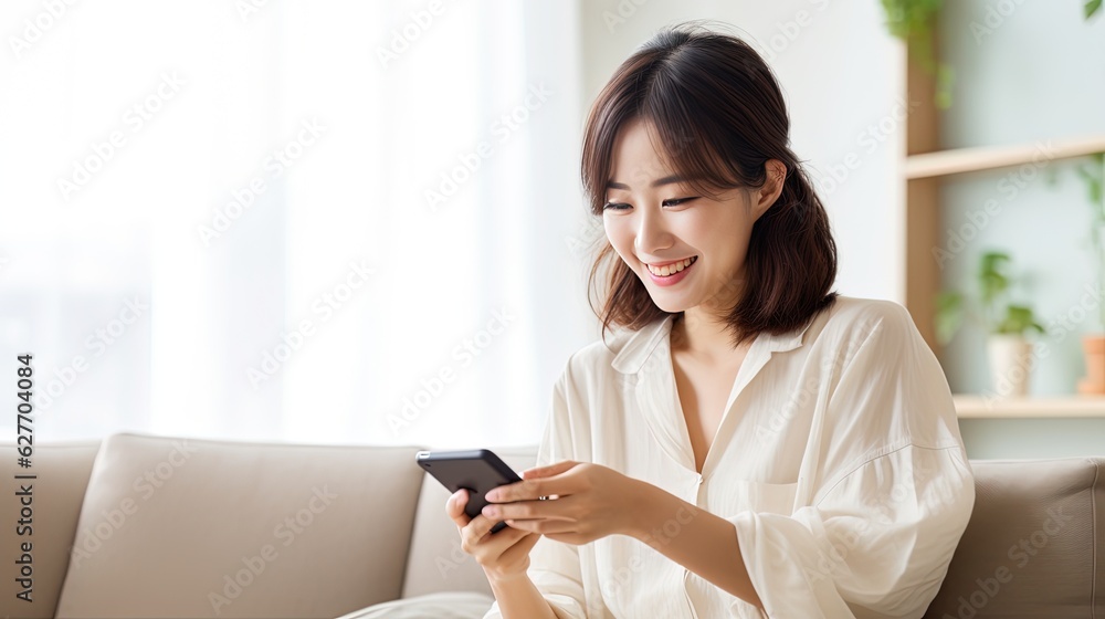 A woman happily using her mobile phone while sitting on a sofa at home, combining technology, online shopping, and business communication A woman happily using her mobile phone while sitting on a sofa at home, combining technology, online shopping, and business communication