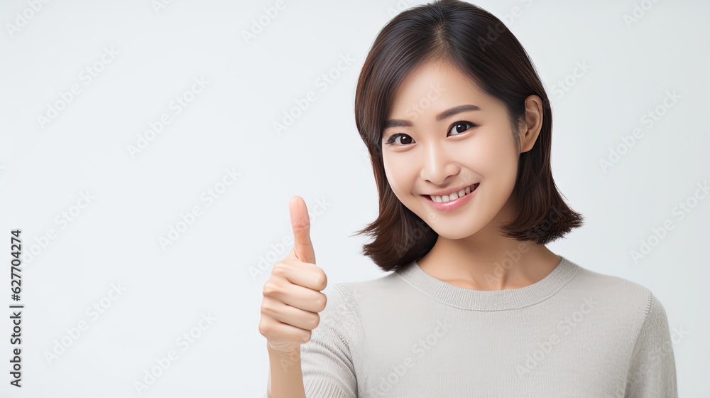 Asian woman showing thumbs up. Generative AI Asian woman showing thumbs up. Generative AI