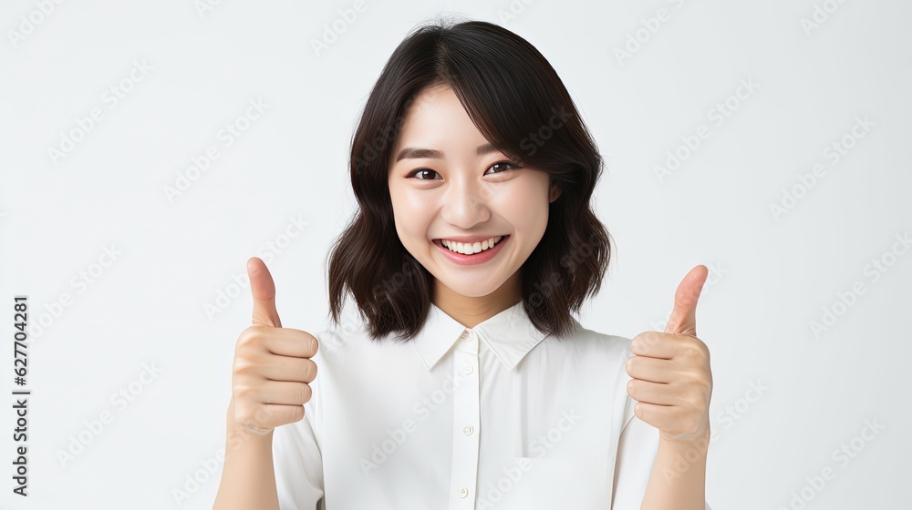 Asian woman showing thumbs up. Generative AI Asian woman showing thumbs up. Generative AI